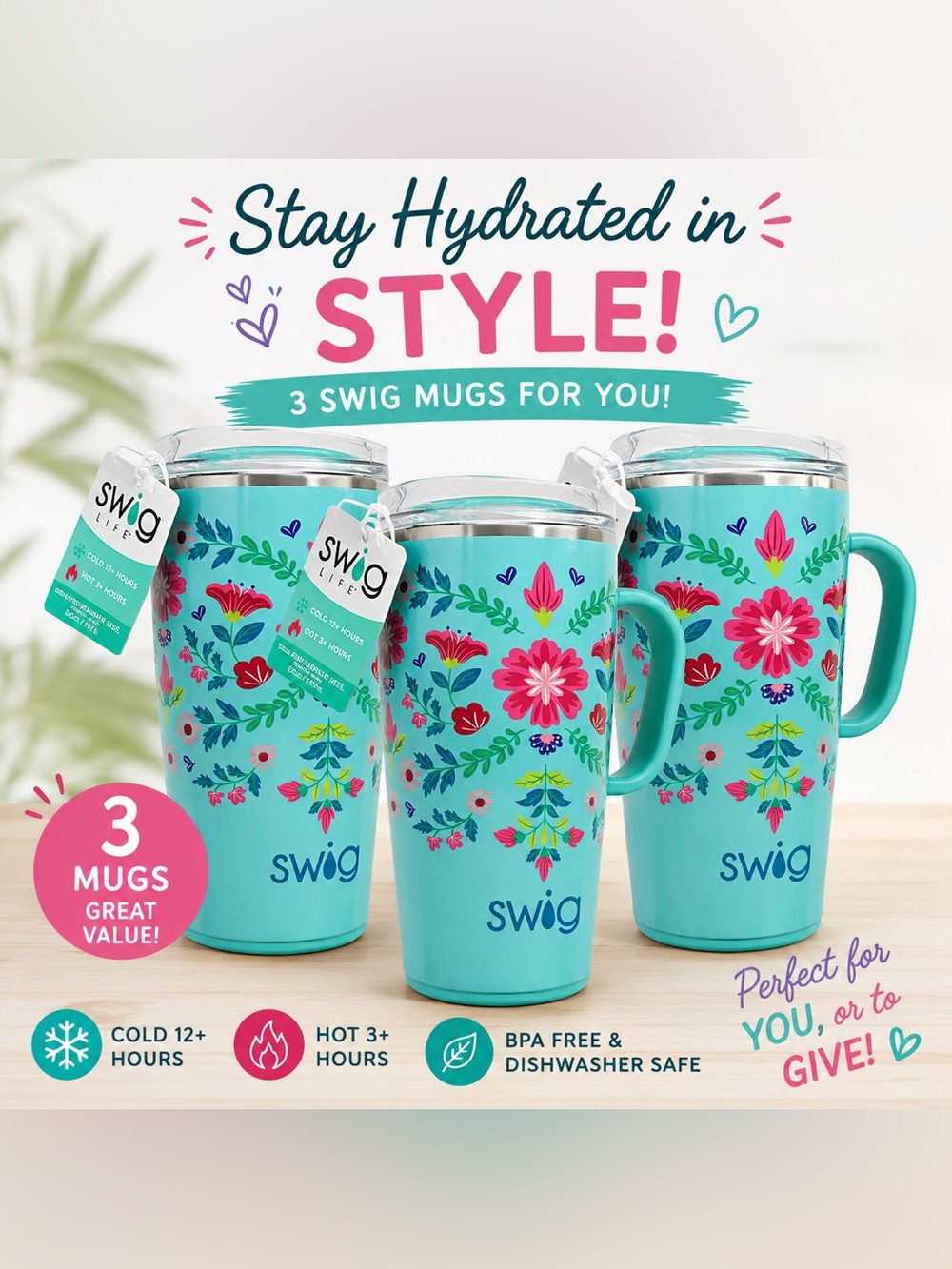 NWT Swig Life Flora Azul 22oz Insulated Travel Mug Set of 3 w/ Tags